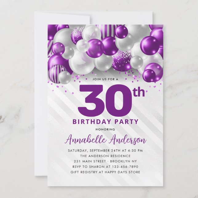 Invitation Parties scintillant de ballons d'argent violet N'i (Devant)