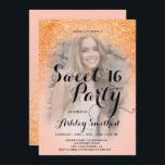 Invitation Parties scintillant de corail moderne ombre photo<br><div class="desc">Une douche à parties scintillant en terre cuite orange moderne et sombre avec bloc de couleur pêche corail Sweet 16 anniversaire invitation à la fête avec votre photo personnalisée avec motif clair or ombre s'estompant sur un arrière - plan corail.</div>
