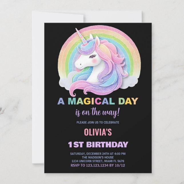 Invitation Parties scintillant de couleur Unicornes Invitatio (Devant)