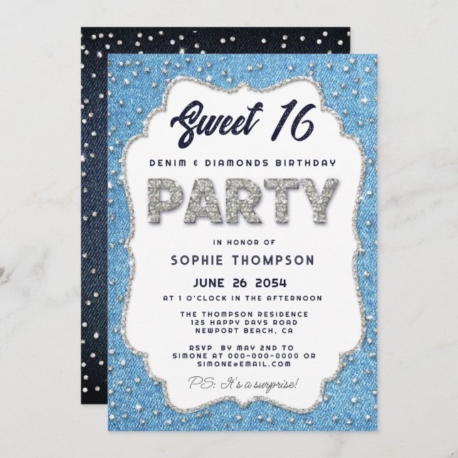 Invitation Parties scintillant de Denim et Diamonds Sweet 16  (Devant / Derrière)