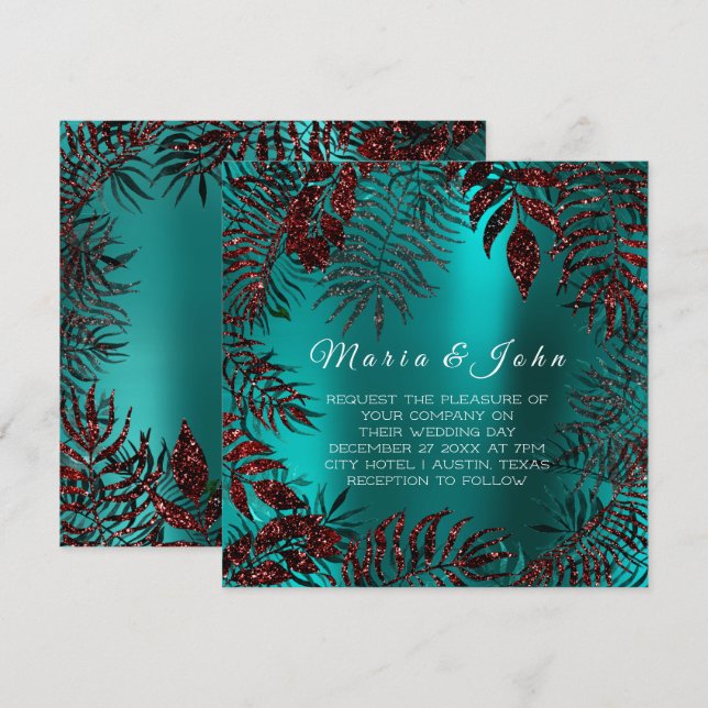 Invitation Parties scintillant de feuilles florales tropicale (Devant / Derrière)
