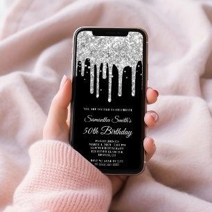 Invitation Parties scintillant de goutte d'argent Noir 50e an