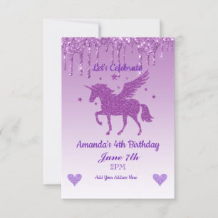 Invitation Parties scintillant de goutte violet licorne