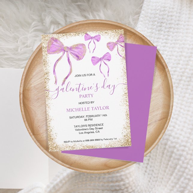 Invitation Parties scintillant de la fête de la Saint-Galenti (purple bows glitter gold)