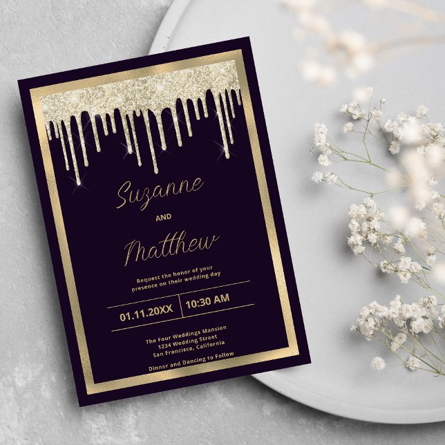 Invitation Parties scintillant de luxe doré violet foncé gout (Dark purple gold luxury glitter drips Wedding )