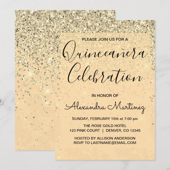 Invitation Parties scintillant de luxe Gold Girl Sparkle Quin (Devant / Derrière)