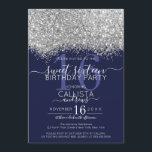 Invitation Parties scintillant de luxe Silver Navy Confetti S<br><div class="desc">L'invitation élégante, glamour et moderne à la fête d'anniversaire de sweet sixteen est parfaite pour la jeune adolescente contemporaine et élégante. Il présente un confetti à parties scintillant brillante en argent faux imprimé sur le dessus d'un simple arrière - plan bleu marine avec un grand numéro "16" dans un ton...</div>