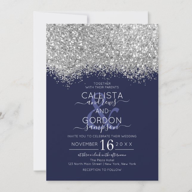 Invitation Parties scintillant de luxe Silver Navy Mariage Co (Devant)