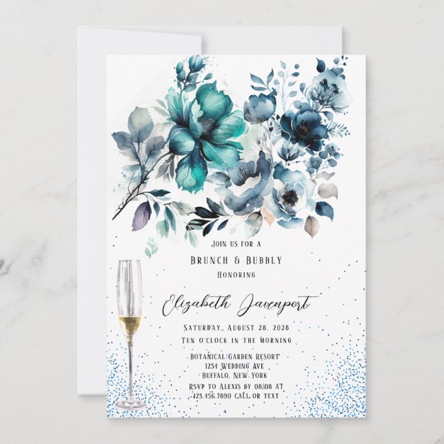 Invitation Parties scintillant de pivoine bleue et Turquoise  (Devant)