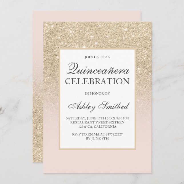 Invitation parties scintillant de poutres en or clair élégant (Devant / Derrière)