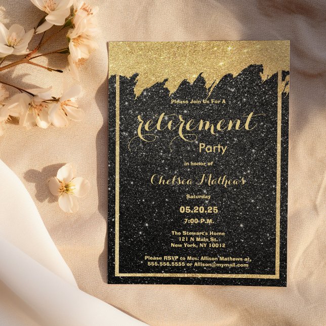 Invitation Parties scintillant de retraite en or noir luxe (Luxury black gold glitter Retirement Party)