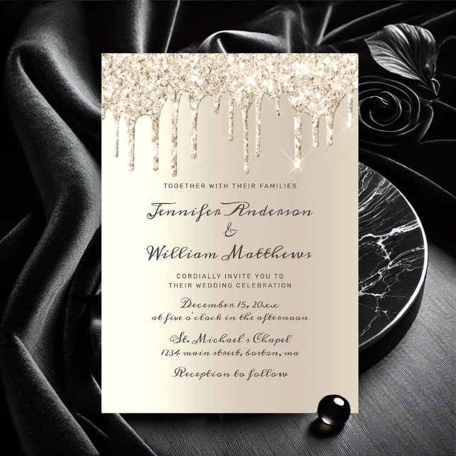 Invitation Parties scintillant de séchage en ivoire élégant M (Ivory Dripping Glitter Elegant Script Wedding Invitation)