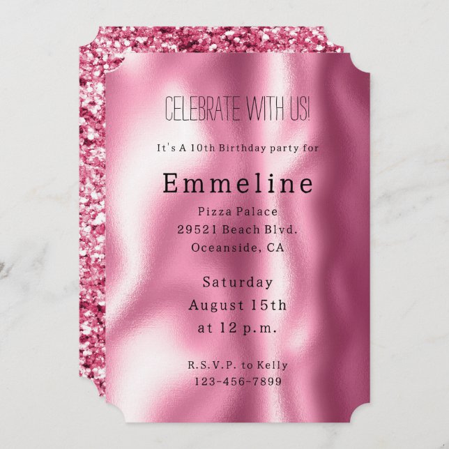 Invitation Parties scintillant de verre rose (Devant / Derrière)