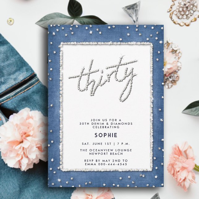 Invitation Parties scintillant Denim Diamond Cadre simple 30e (denim diamonds 30th birthday for women elegant rhinestones modern calligraphy simple frame classy)