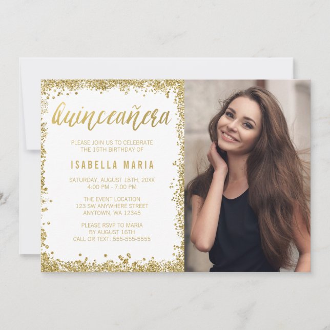 Invitation Parties scintillant des Faux d'or blanc Quinceaner (Devant)
