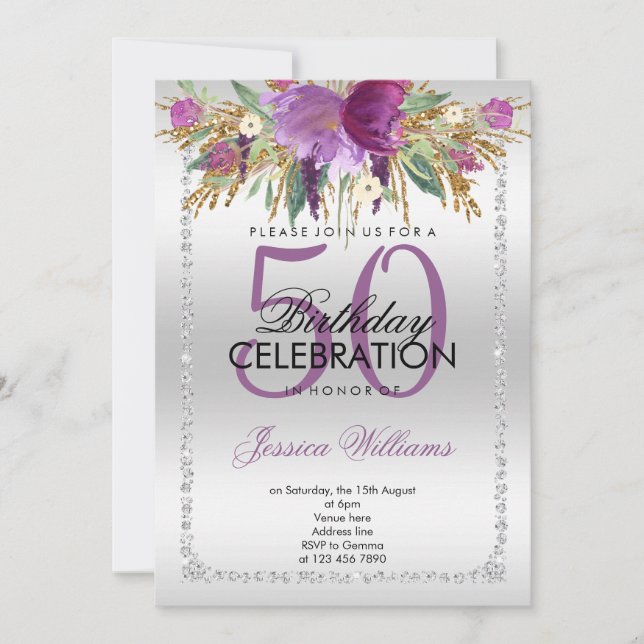 Invitation Parties scintillant Diamant Argent Aquarelle Fleur (Devant)