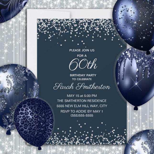 Invitation Parties scintillant Diamant en argent bleu marine  (Navy blue and silver glitter women's 60th birthday party invitation)