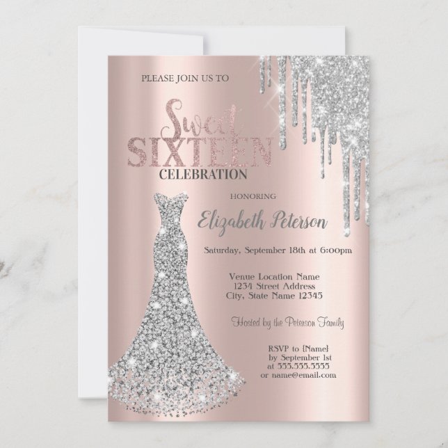 Invitation Parties scintillant, Diamants Robe Rose Or Sweet 1 (Devant)
