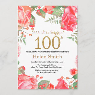 Invitation Parties scintillant d'or 100th Birthday Floral Sur