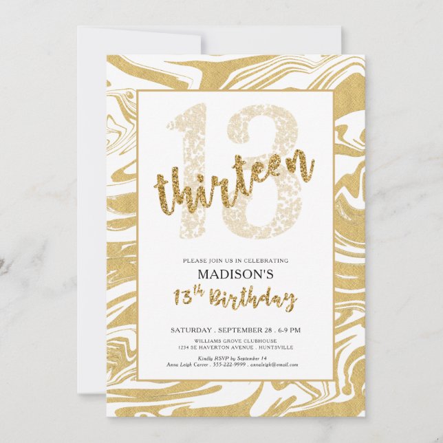 Invitation Parties scintillant d'or 13ème anniversaire Script (Devant)