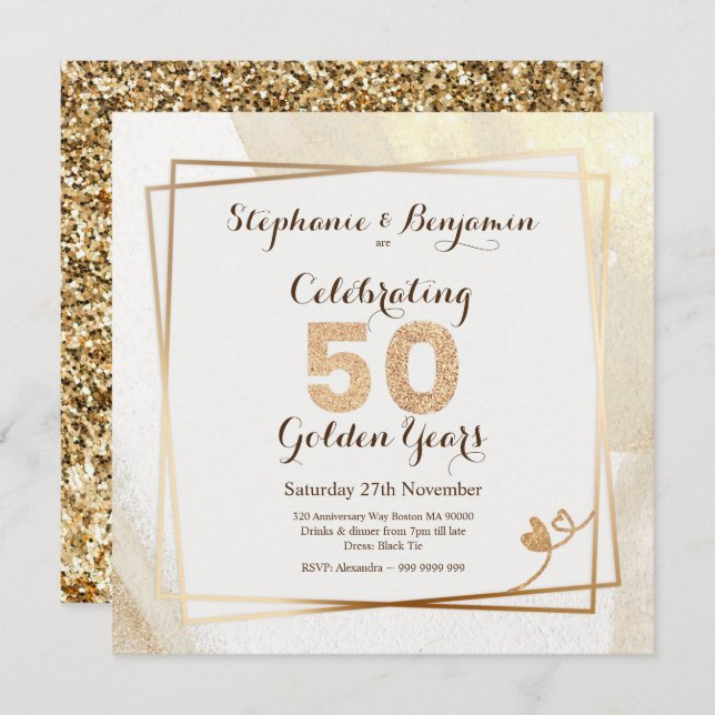 Invitation Parties scintillant d'or 50e anniversaire Mariage  (Devant / Derrière)