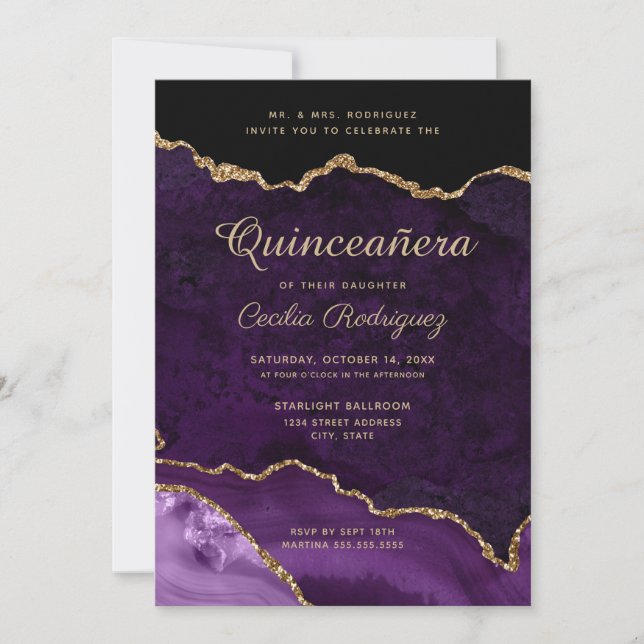 Invitation Parties scintillant d'or Agate pourpre Quinceanera (Devant)