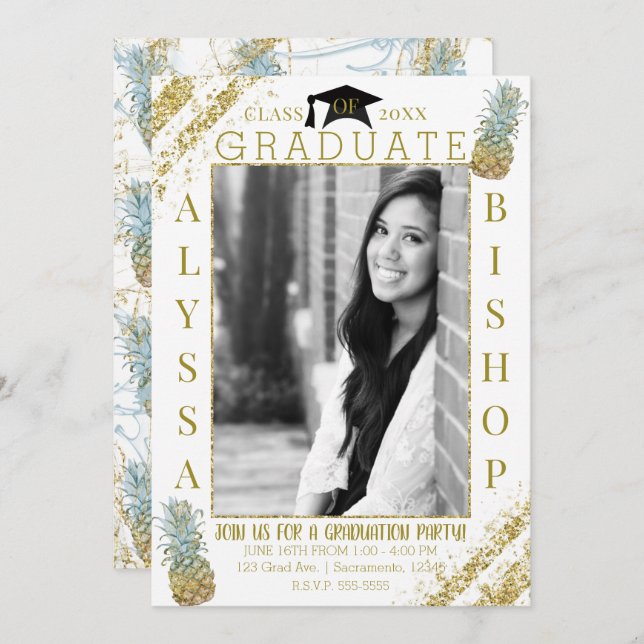 Invitation Parties scintillant d'or ananas (Devant / Derrière)