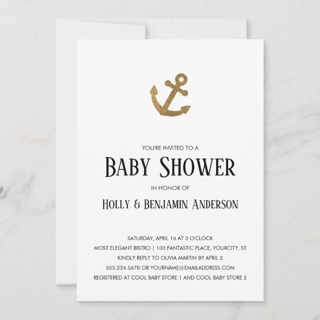 Invitation Parties scintillant d'or Ancre simple Couples Baby (Devant)