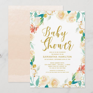 Invitation Parties scintillant d'or Apricot Floral Girl Baby