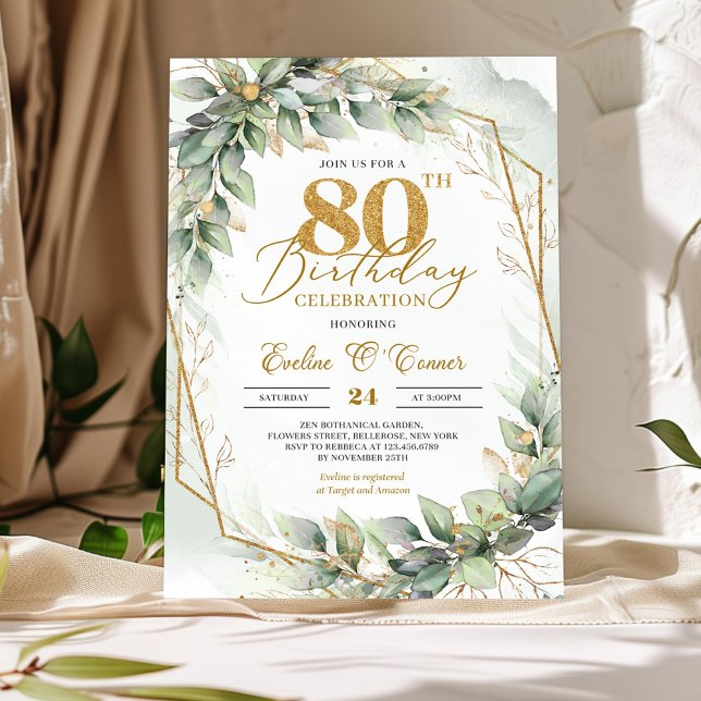 Invitation Parties scintillant d'or aquarelle eucalyptus 80e  (Delicate green eucalyptus and gold glitter number 80th birthday invitation digital
)