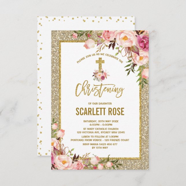 Invitation Parties scintillant d'or Aquarelle Floral Fille Ch (Devant / Derrière)