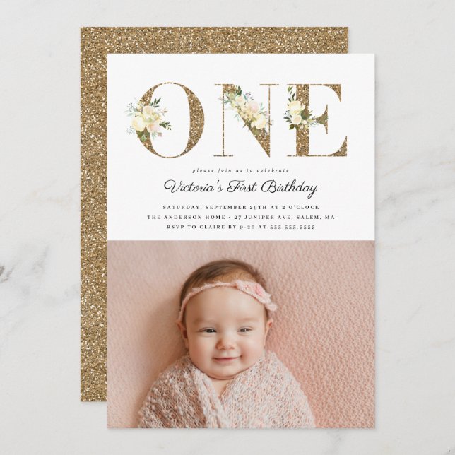 Invitation Parties scintillant d'or Aquarelle Florale Photo 1 (Devant / Derrière)