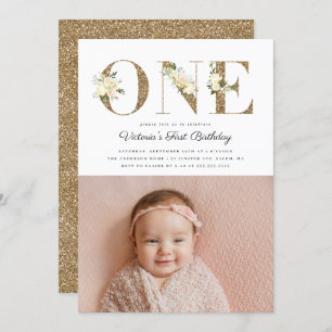 Invitation Parties scintillant d'or Aquarelle Florale Photo 1