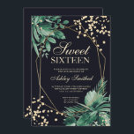 Invitation Parties scintillant d'or aquarelle tropicale marin<br><div class="desc">Aquarelle de palme tropicale verte et parties scintillant d'or typographie de confettis Sweet 16 anniversaire avec des branches de feuilles d'aquarelle peintes à la main sur bleu foncé,  parfait pour les fêtes d'anniversaire du printemps et de l'été.</div>