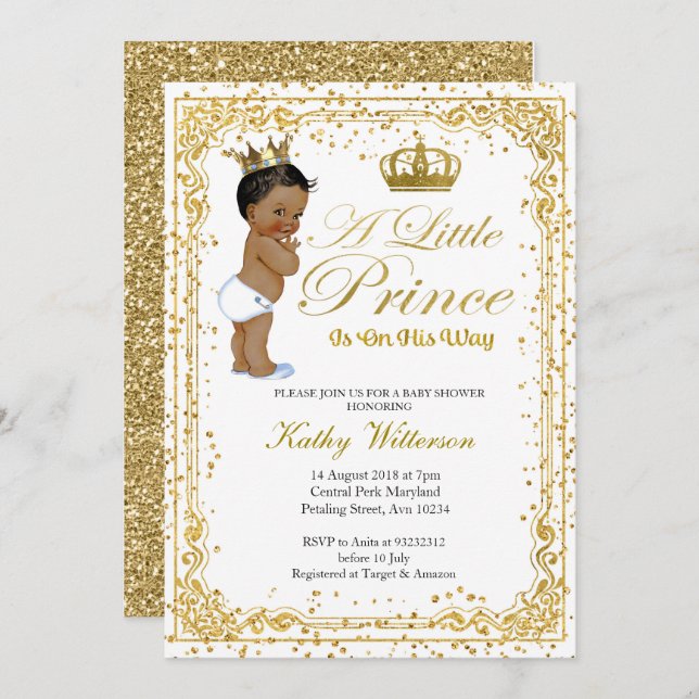 Invitation Parties scintillant d'or Baby shower Prince (Devant / Derrière)