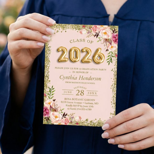 Invitation Parties scintillant d'or Ballons floraux rose 2023 (Créateur téléchargé)