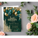 Invitation Parties scintillant d'or Ballons Green Sweet 16<br><div class="desc">Parties scintillant moderne,  chic et glamour,  ballons sur un arrière - plan vert.</div>