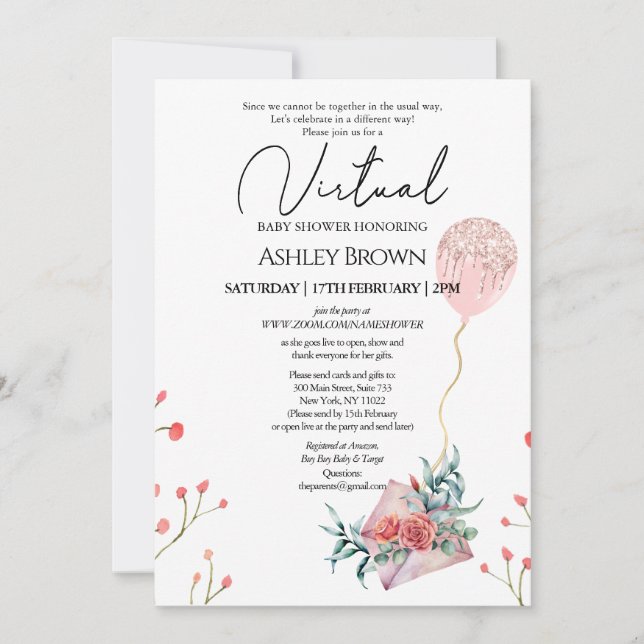 Invitation Parties scintillant d'or Balloon rose Floral Douch (Devant)