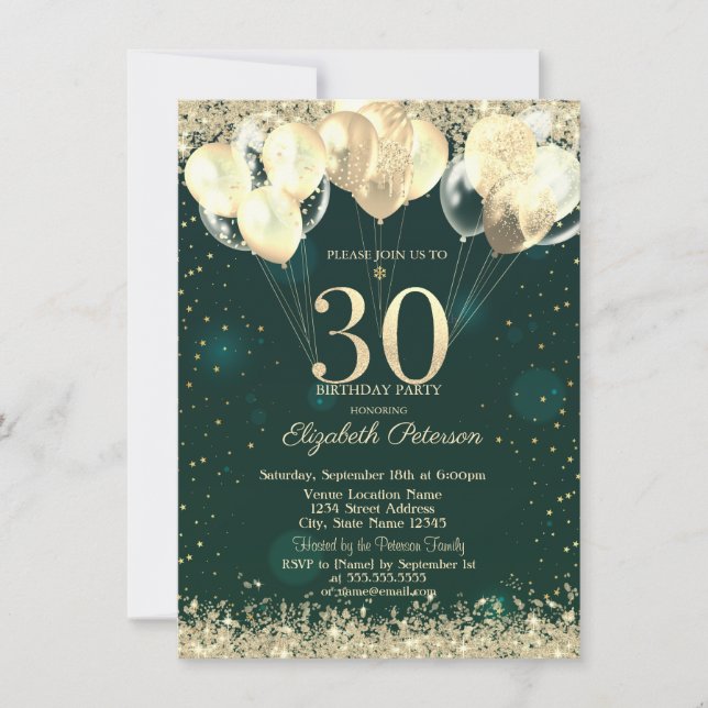 Invitation Parties scintillant d'or Balloons Confetti Vert 30 (Devant)