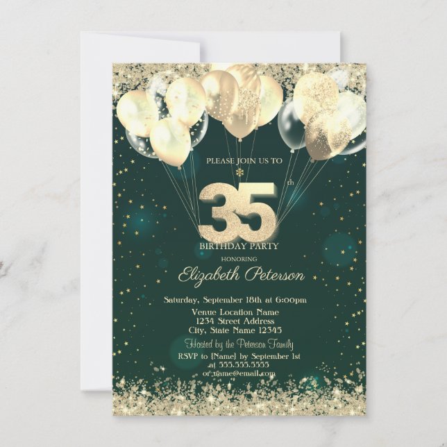 Invitation Parties scintillant d'or Balloons Confetti Vert 35 (Devant)