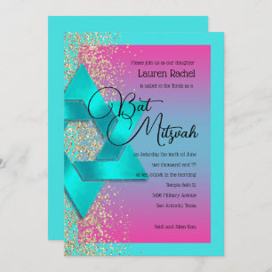 Invitation Parties scintillant d'or bat mitzvah Turquoise Ros