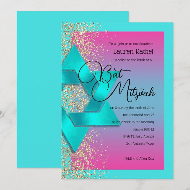 Invitation Parties scintillant d'or bat mitzvah Turquoise Ros (Devant / Derrière)