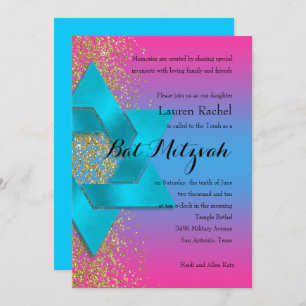 Invitation Parties scintillant d'or bat mitzvah Turquoise Ros
