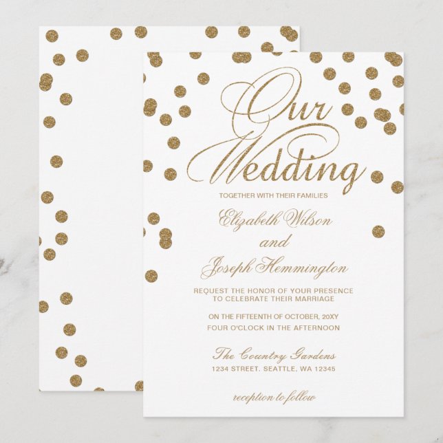 Invitation Parties scintillant d'or blanc Confetti Mariage él (Devant / Derrière)