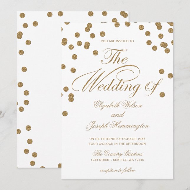 Invitation Parties scintillant d'or blanc Confetti Mariage él (Devant / Derrière)