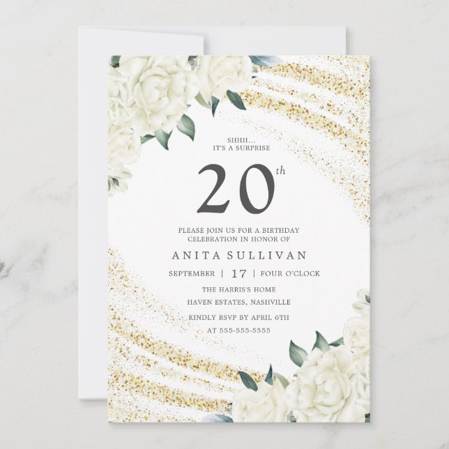 Invitation Parties scintillant d'or Blanc Floral Vingt-vingti (Devant)