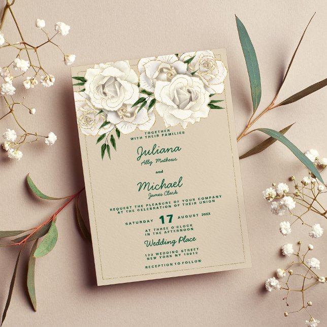 Invitation Parties scintillant d'or blanc ivoire rose Mariage (Ivory white gold glitter roses floral Wedding )