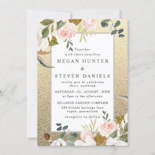 Invitation Parties scintillant d'or Bleu blanc Floral élégant