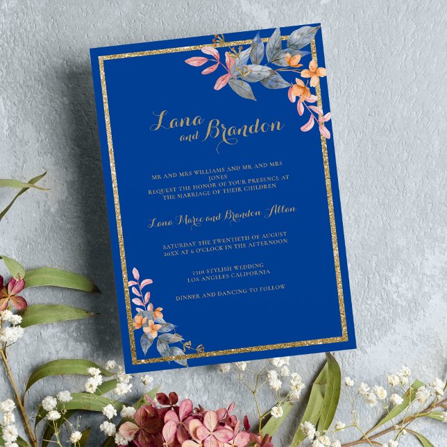 Invitation Parties scintillant d'or bleu ciel orange rose Mar (Sky blue gold glitter pink orange floral Wedding Invitation)