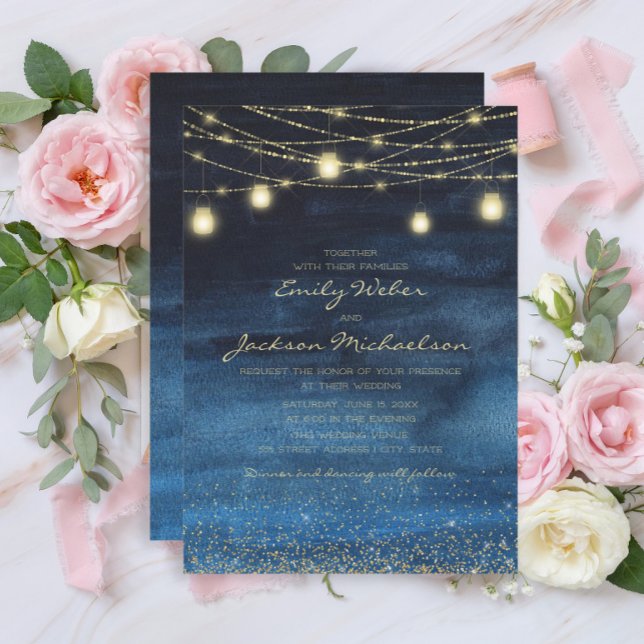 Invitation Parties scintillant d'or bleu Fairy Lights Mariage (Navy blue and gold string lights wedding invitation)